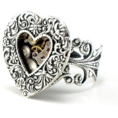 Ghostlove Heart Gears Ring, Silver tone
