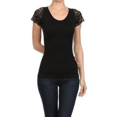 Yelete Black Seamless Top With Lace Cap Sleeves