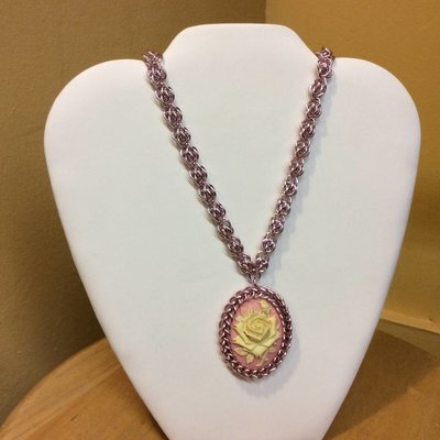 Rose Cameo on Pink Byzantine Chain