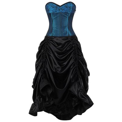 Vintage Goth Lucrece Turquoise Brocade Black Satin Cinch Corset Dress