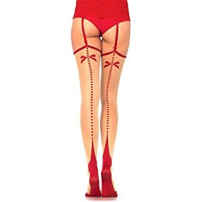 Leg Avenue Sheer Contrast Cuban Heel Stockings, Nude/Red Hearts
