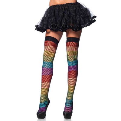 Leg Avenue Rainbow Thigh Highs w/ Black Fishnet Overlay