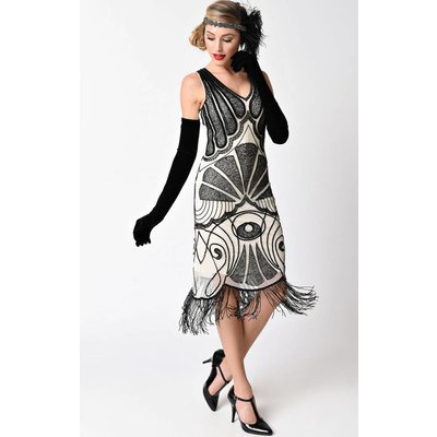 Unique Vintage Vienna Ivory Net & Black Beaded Mesh Fringe Flapper Dress