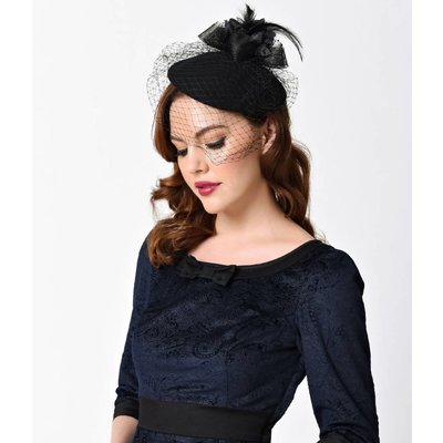 Unique Vintage Black Wool & Feathered Bow Netted Fascinator
