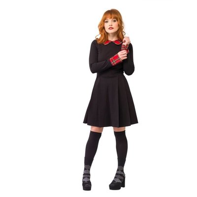 Smak Parlour Black Ponte Long Sleeve Dress w/ Red Tartan