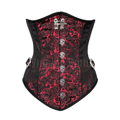 Vintage Goth Red & Black Underbust Corset w/ Skull Busk - 26