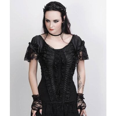 Vintage Goth Gothic Broad Neck Black Top w/ Lacing & Lace
