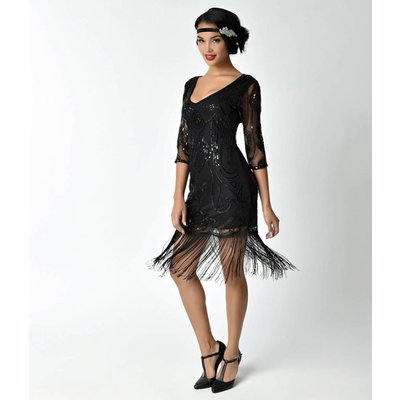 Unique Vintage Margaux Black Sequined Dress w/ Sheer Sleeves