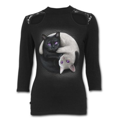 Spiral YIN YANG CATS - Lace Shoulder 3/4 Sleeve Top