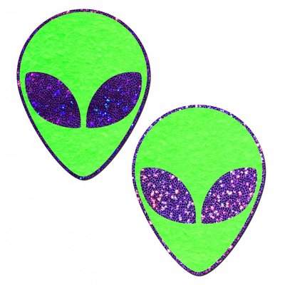 Pastease Alien: Neon/Glow in the Dark Green & Purple Glitter Eyes Nipple Pasties