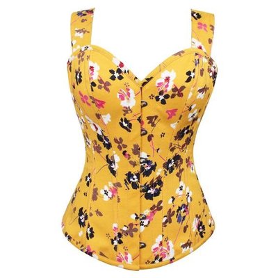 Vintage Goth Yellow Cotton Floral Print Overbust w/ Shoulder Straps - 26 (L)
