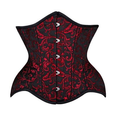 Vintage Goth Red & Black Scroll Brocade Curvy Underbust Waist Training Corset - 34
