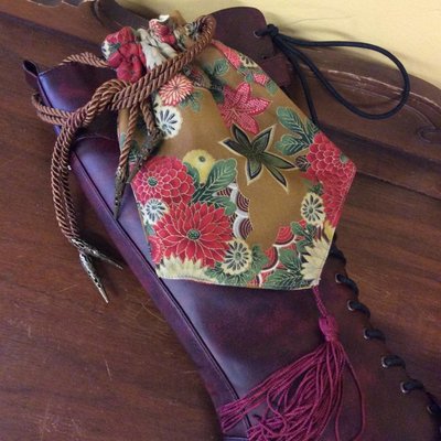 Deep Gold Floral Japanese Fabric Reticule with Burgundy Tassel (520)