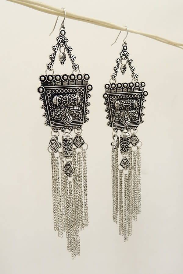 Shabby Cottage Boho Boutique Silver Square Fringe Earrings Silver Square Fringe Boho Earrings