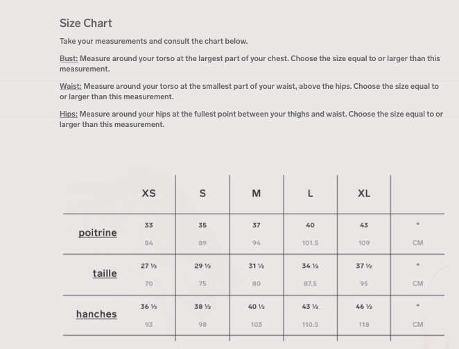 Urban Planet Canada Size Chart