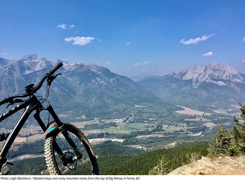 Bluebird days and rocky mountain vistas from the top of Big Money in Fernie, BC. Image by Leigh Blackburn from the Sovereign Cycle blog post: Is Now the Golden Age of Mountain Biking?