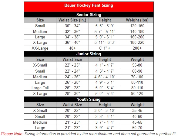 Bauer Hockey Shell Size Chart