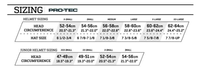 Pro Tec Classic Helmet Size Chart