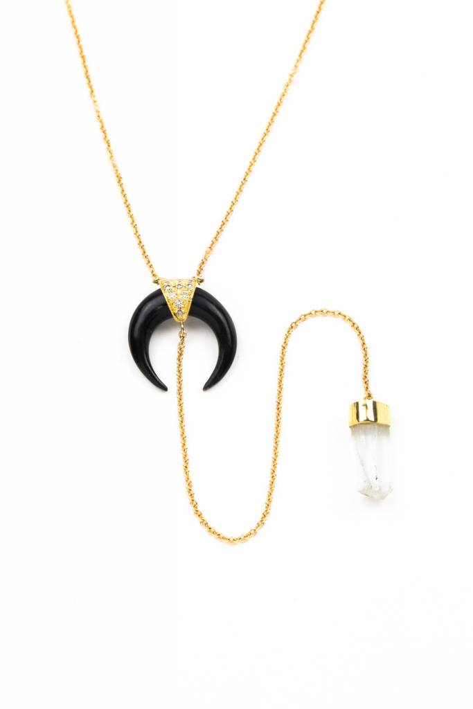 Black horn + Aquamarine Crystal + 14K Yellow Gold Y NECKLACE