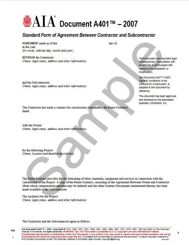 Aia Subcontractor Agreement Template