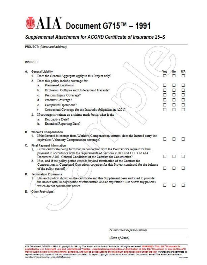 shipping d form document for Supplemental Attachment ACORD G715â€“1991, Certificate