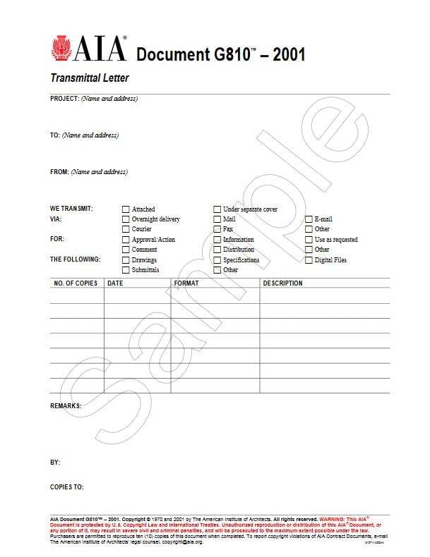 shipping d form document AIA  Bookstore Letter  Transmittal G810â€“2001,