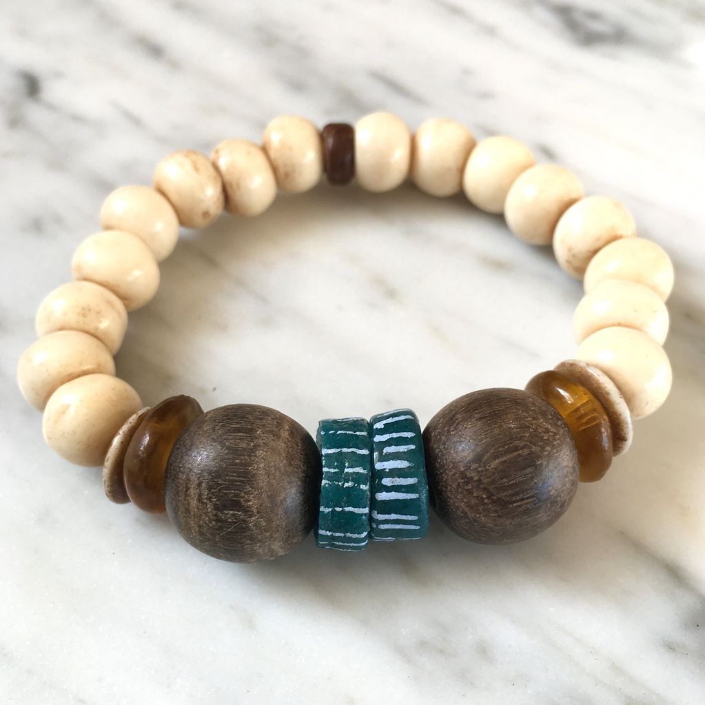 Burnmark Tribal Bracelet In Palm Wood And Teal Mosa Boutique Burnmark Tribal Bracelet In Palm Wood And Teal