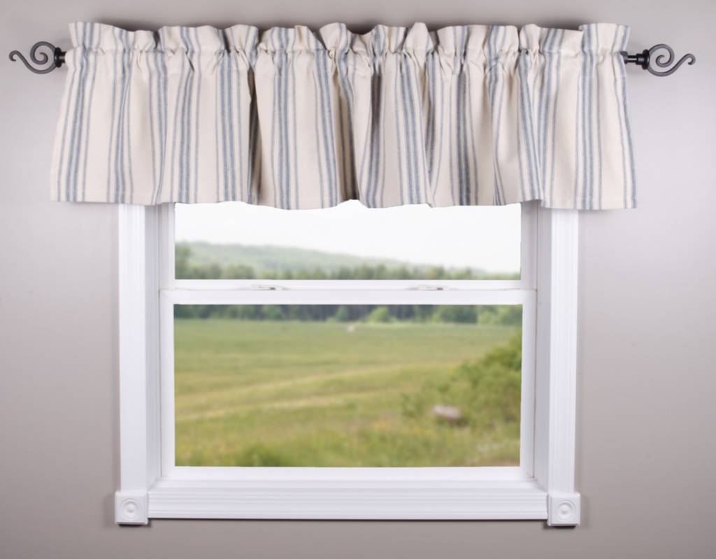 Grain Sack Stripe Lined Cream & Blue Valance Farmhouse Country