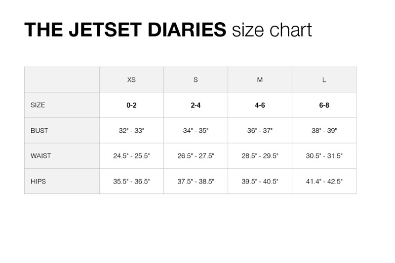 Jetset Diaries Size Chart