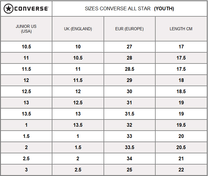 converse junior size chart