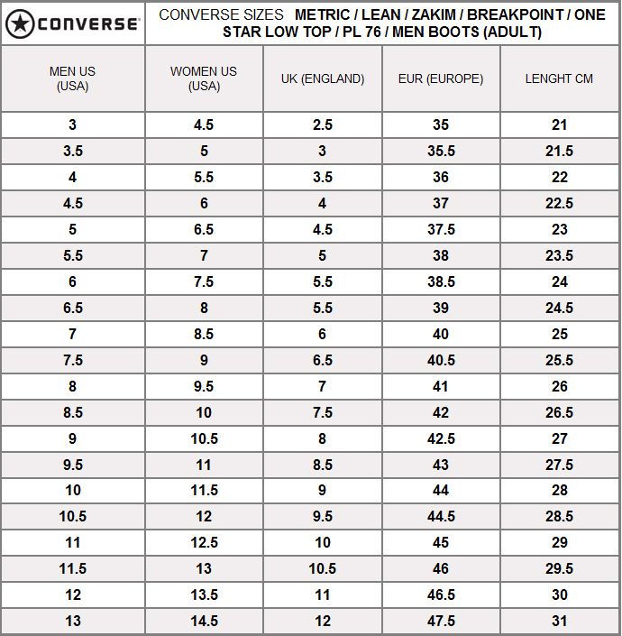 converse jack purcell size chart