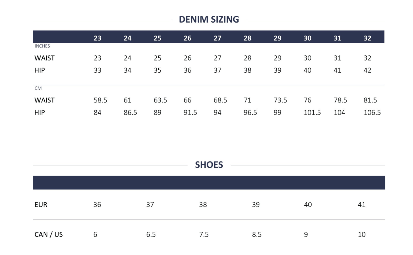 Sizing Charts Romeo & Juliet Clothing Ltd.