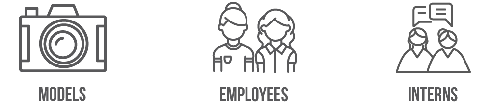This picture shows that we are looking to work with, hire or collaborate with potential Models, employees and/or interns. From left to right there is an image of a camera, potential employees and potential interns