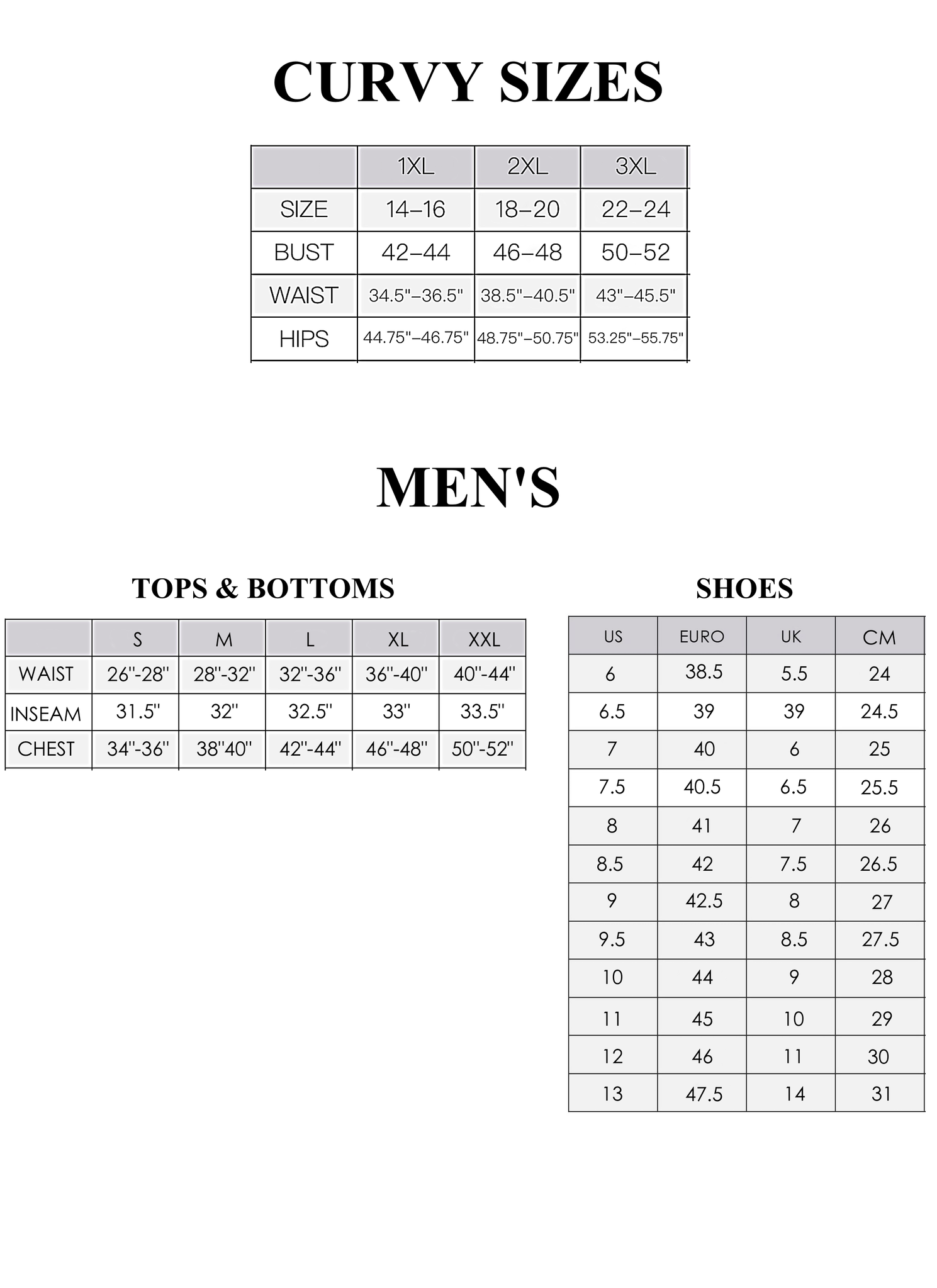 6pm Size Chart Clothing