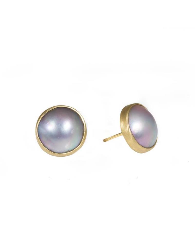 Mabe Light Silver Pearl Post Earrings In 18k Yellow Gold Shii Mabe Light Silver Pearl Post Earrings In 18k Yellow Gold
