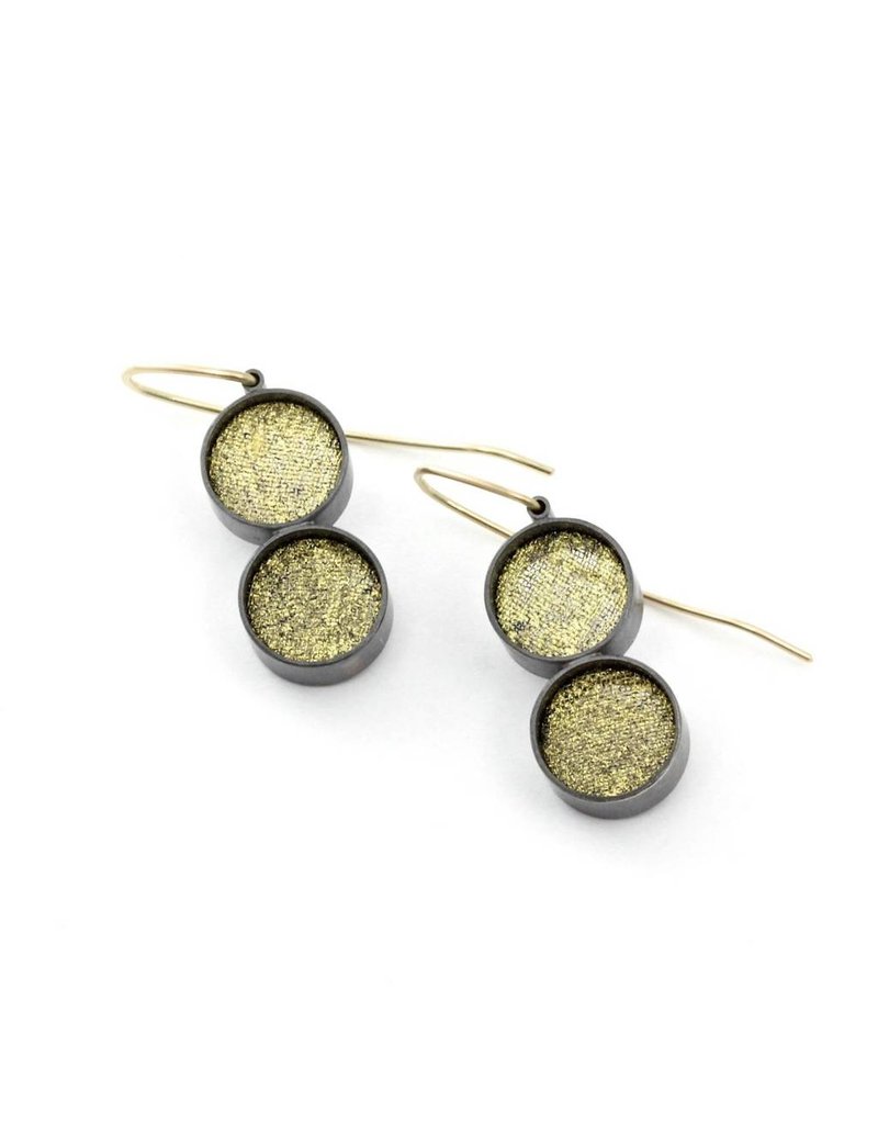 Double Small Black Silk And Gold Leaf Dangle Earrings Circle