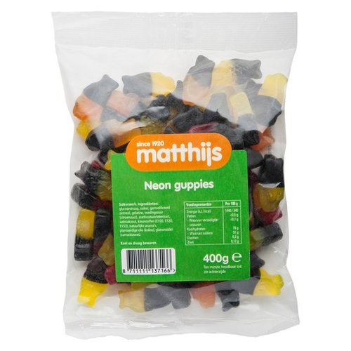 Matthijs Matthijs Neon Guppies Fruit & Licorice 400g Matthijs Matthijs Neon Guppies Fruit & Licorice 400g