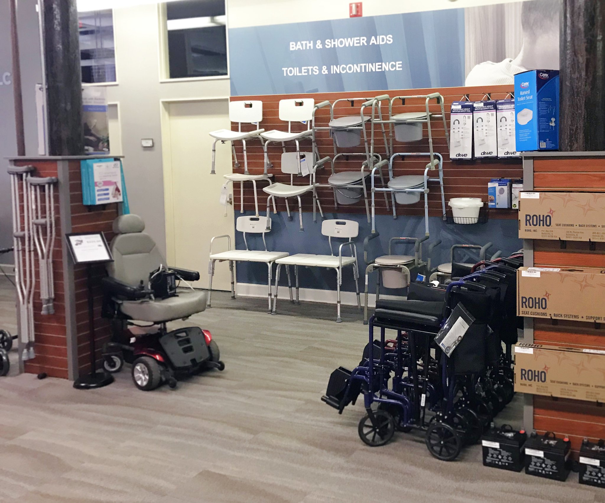 View of Rivermarket Store with Power Wheelchairs, Shower Chairs, Roho Cushions, and more.
