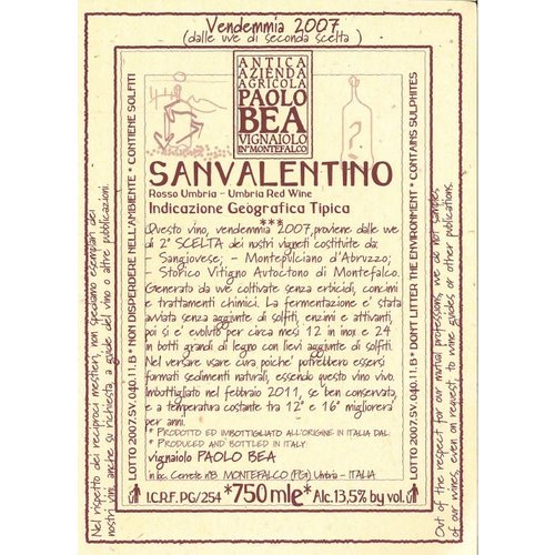 Wine PAOLO BEA MONTEFALCO ROSSO 'SAN VALENTINO' 2011 Wine PAOLO BEA MONTEFALCO ROSSO 'SAN VALENTINO' 2011