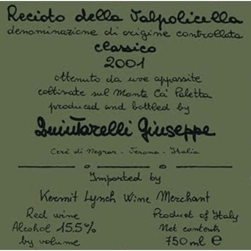 Wine GIUSEPPE QUINTARELLI RECIOTO DELLA VALPOLICELLA CLASSICO 2001 375ML Wine GIUSEPPE QUINTARELLI RECIOTO DELLA VALPOLICELLA CLASSICO 2001 375ML