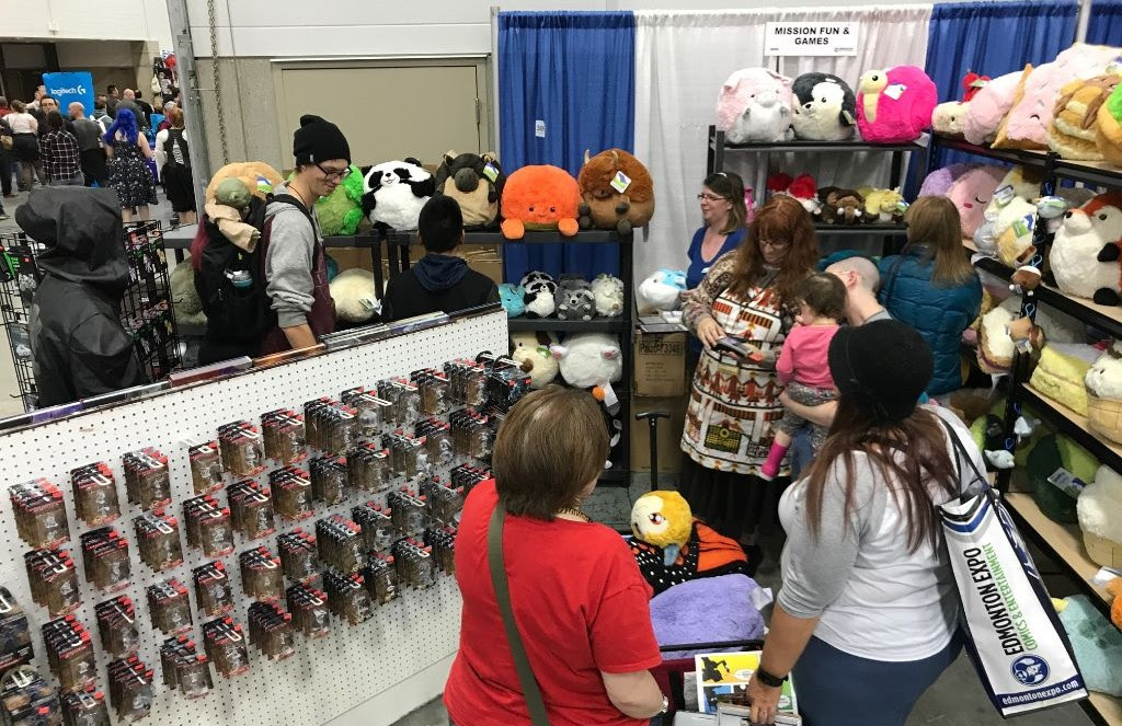 Our collection of Squishables could barely fit on the shelves of the new booth.